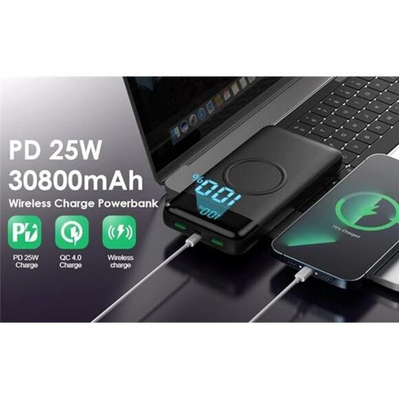 Wireless Portable Charger 30800mAh Fast Charging Power Bank USB C LCD - Picture 7 of 8